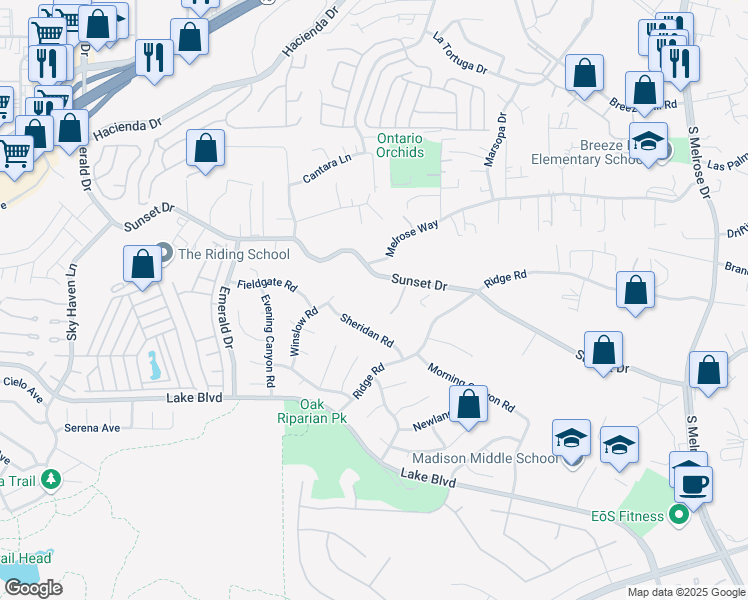 map of restaurants, bars, coffee shops, grocery stores, and more near 1706 Sunset Drive in Vista