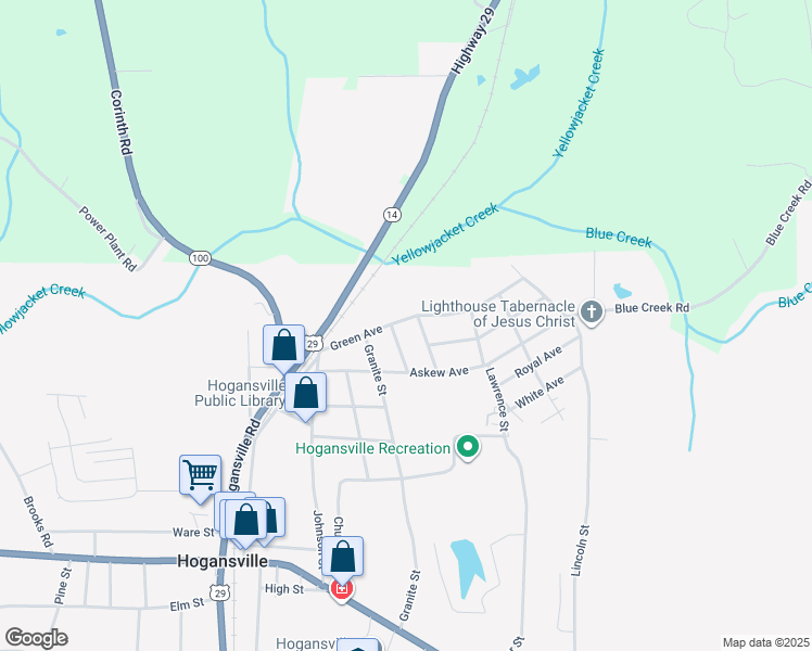 map of restaurants, bars, coffee shops, grocery stores, and more near 301 Green Avenue in Hogansville