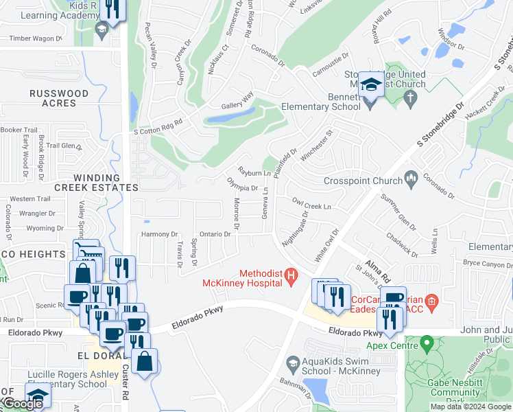 map of restaurants, bars, coffee shops, grocery stores, and more near 8209 Livingston Lane in McKinney