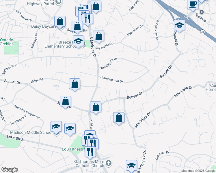 map of restaurants, bars, coffee shops, grocery stores, and more near 1180 Academy Lane in Vista