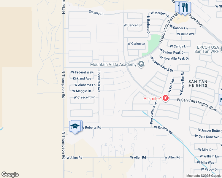 map of restaurants, bars, coffee shops, grocery stores, and more near 4086 West Maggie Drive in Queen Creek