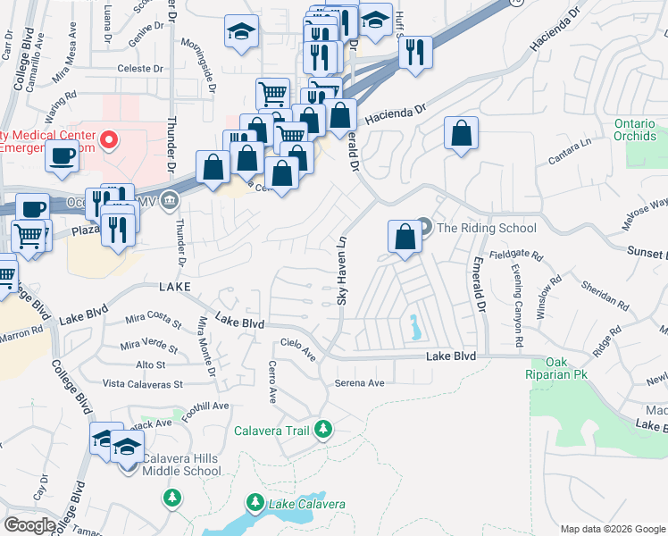 map of restaurants, bars, coffee shops, grocery stores, and more near 3477 North Sundown Lane in Oceanside