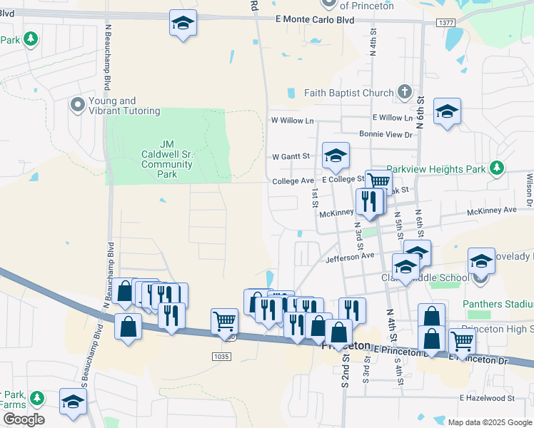 map of restaurants, bars, coffee shops, grocery stores, and more near 818 Prairie Creek Drive in Princeton