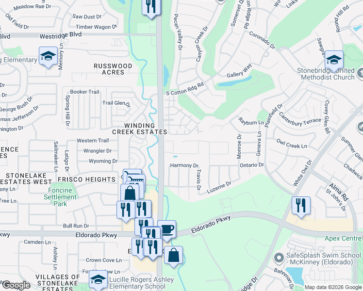 map of restaurants, bars, coffee shops, grocery stores, and more near 8801 Brunswick Lane in McKinney