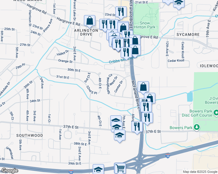 map of restaurants, bars, coffee shops, grocery stores, and more near 92 Springbrook in Tuscaloosa