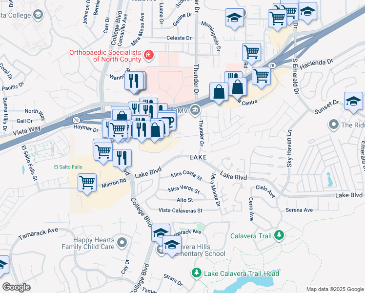 map of restaurants, bars, coffee shops, grocery stores, and more near 3524 Lake Boulevard in Oceanside