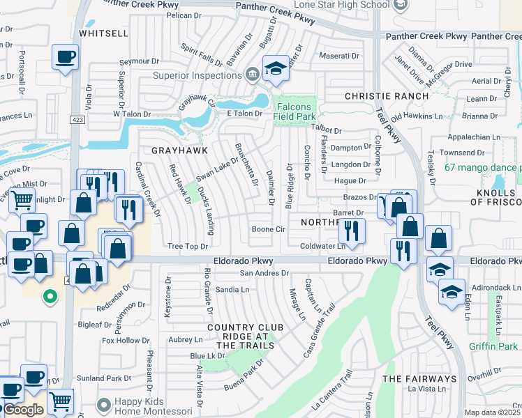 map of restaurants, bars, coffee shops, grocery stores, and more near 1798 Migratory Lane in Frisco