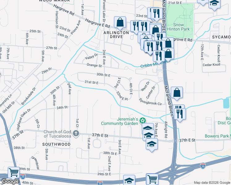 map of restaurants, bars, coffee shops, grocery stores, and more near 3101 3rd Court East in Tuscaloosa