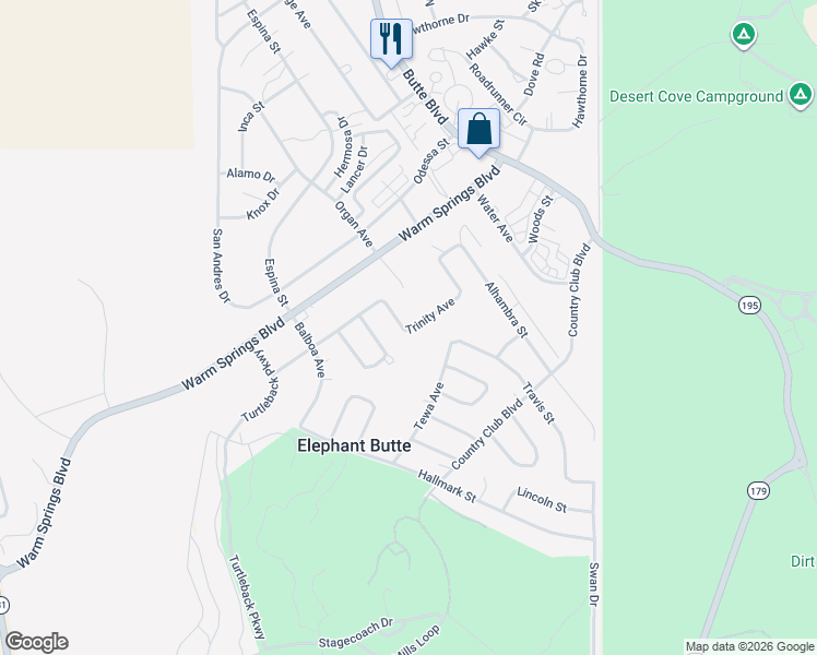 map of restaurants, bars, coffee shops, grocery stores, and more near 202 Alhambra Street in Elephant Butte