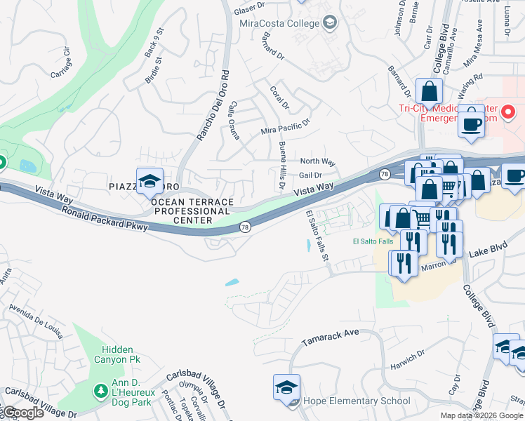 map of restaurants, bars, coffee shops, grocery stores, and more near 3460 Vista Way in Oceanside