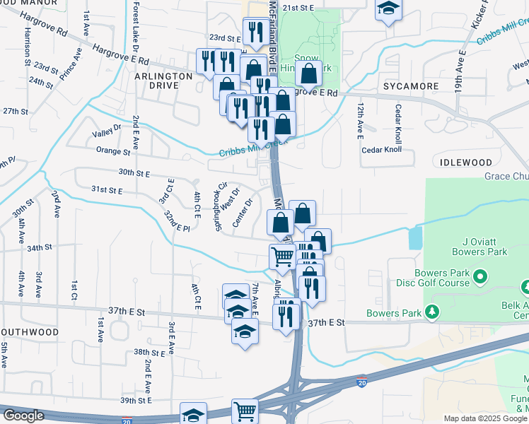 map of restaurants, bars, coffee shops, grocery stores, and more near 43 Springbrook in Tuscaloosa