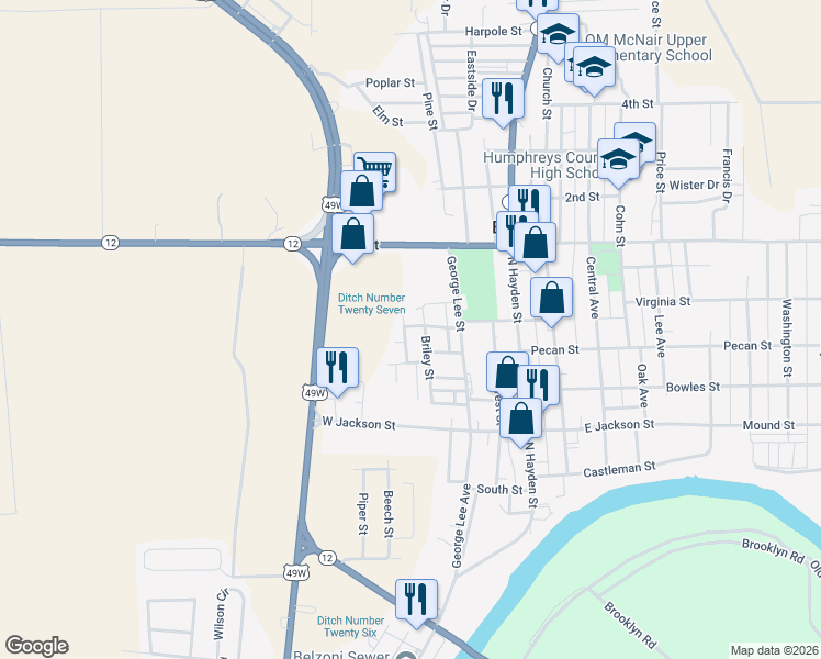 map of restaurants, bars, coffee shops, grocery stores, and more near 112 March Street in Belzoni