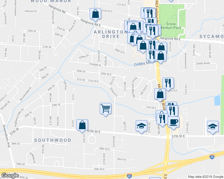 map of restaurants, bars, coffee shops, grocery stores, and more near 307 32nd Place East in Tuscaloosa