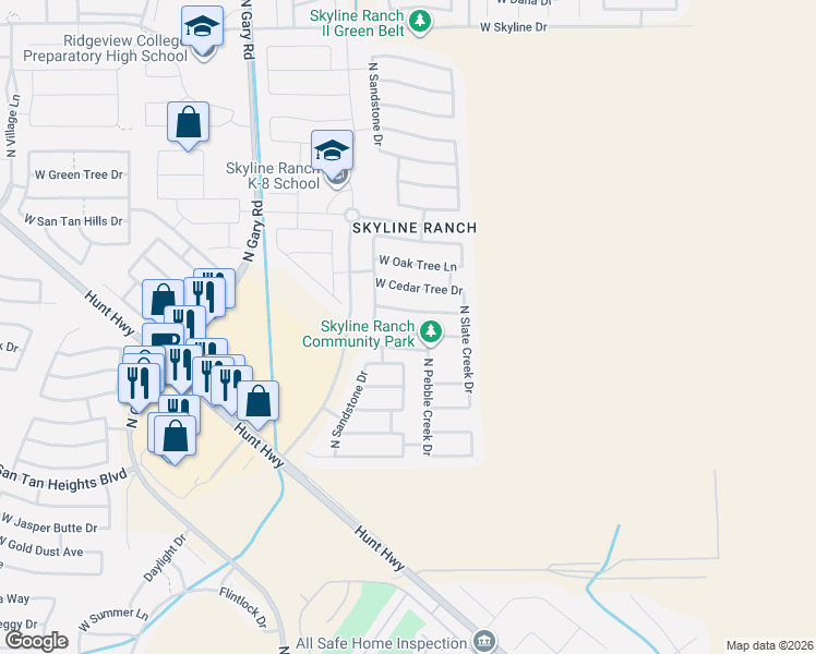 map of restaurants, bars, coffee shops, grocery stores, and more near 929 West Mesquite Tree Lane in San Tan Valley