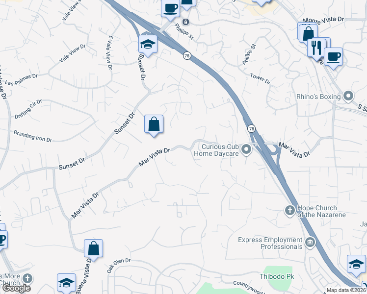 map of restaurants, bars, coffee shops, grocery stores, and more near 695 Mar Vista Drive in Vista