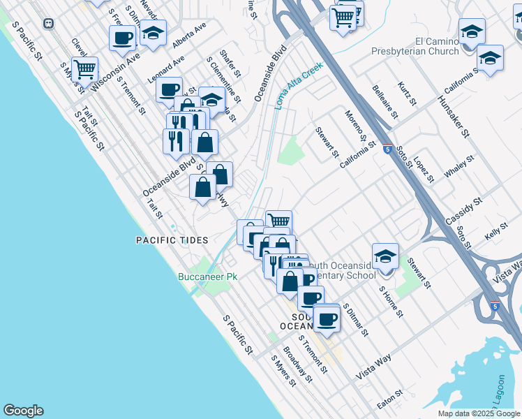 map of restaurants, bars, coffee shops, grocery stores, and more near 142 Sherri Lane in Oceanside
