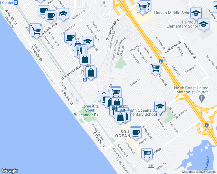 map of restaurants, bars, coffee shops, grocery stores, and more near 202 Kristy Lane in Oceanside