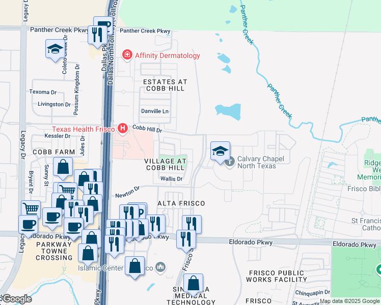 map of restaurants, bars, coffee shops, grocery stores, and more near 6096 Dunsford Drive in Frisco