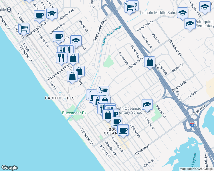 map of restaurants, bars, coffee shops, grocery stores, and more near 1435 Lucky Street in Oceanside