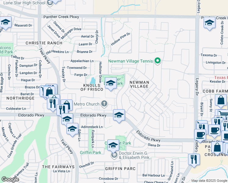 map of restaurants, bars, coffee shops, grocery stores, and more near 12333 Briar Ridge Road in Frisco