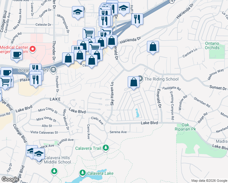 map of restaurants, bars, coffee shops, grocery stores, and more near 3536 Sky Haven Lane in Oceanside