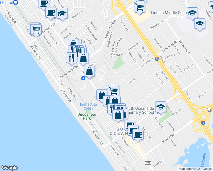 map of restaurants, bars, coffee shops, grocery stores, and more near 157 Sherri Lane in Oceanside