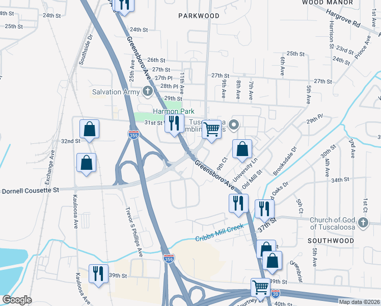 map of restaurants, bars, coffee shops, grocery stores, and more near Greensboro Ave & 35th St in Tuscaloosa
