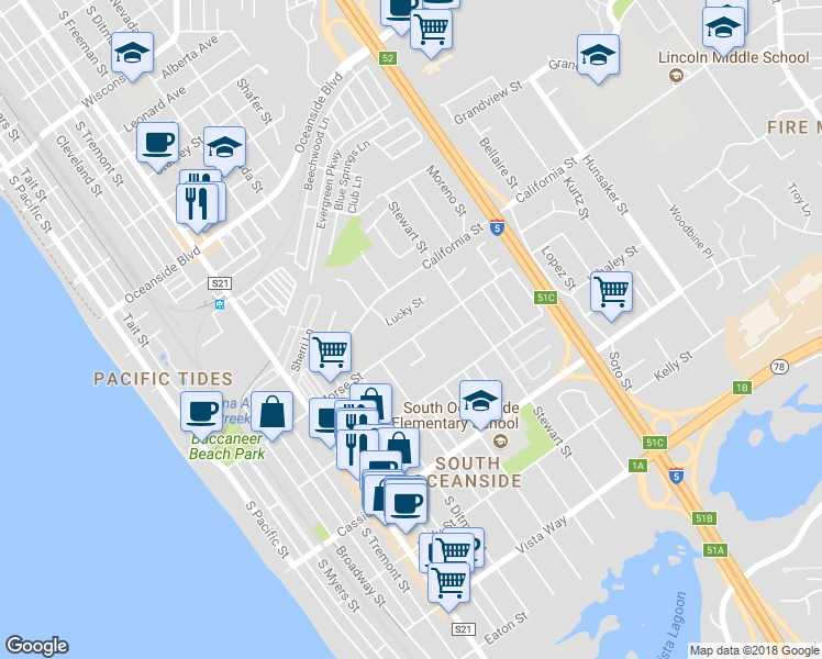 map of restaurants, bars, coffee shops, grocery stores, and more near 1002 Morse Street in Oceanside