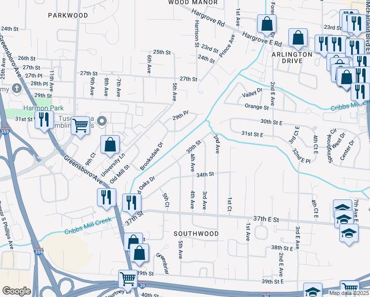 map of restaurants, bars, coffee shops, grocery stores, and more near 400 30th Street in Tuscaloosa