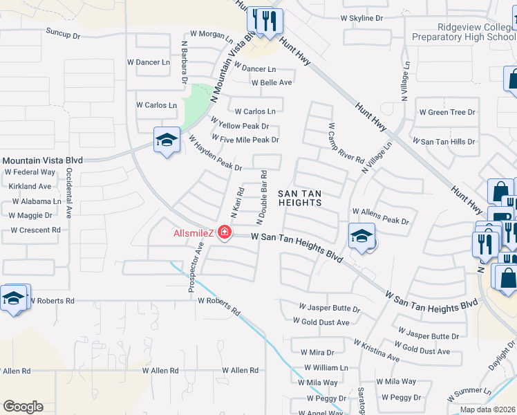 map of restaurants, bars, coffee shops, grocery stores, and more near 3149 West Tanner Ranch Road in Queen Creek