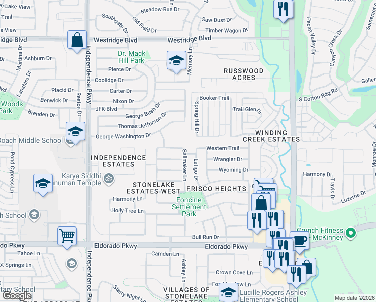 map of restaurants, bars, coffee shops, grocery stores, and more near 15262 Preachers Lane in Frisco