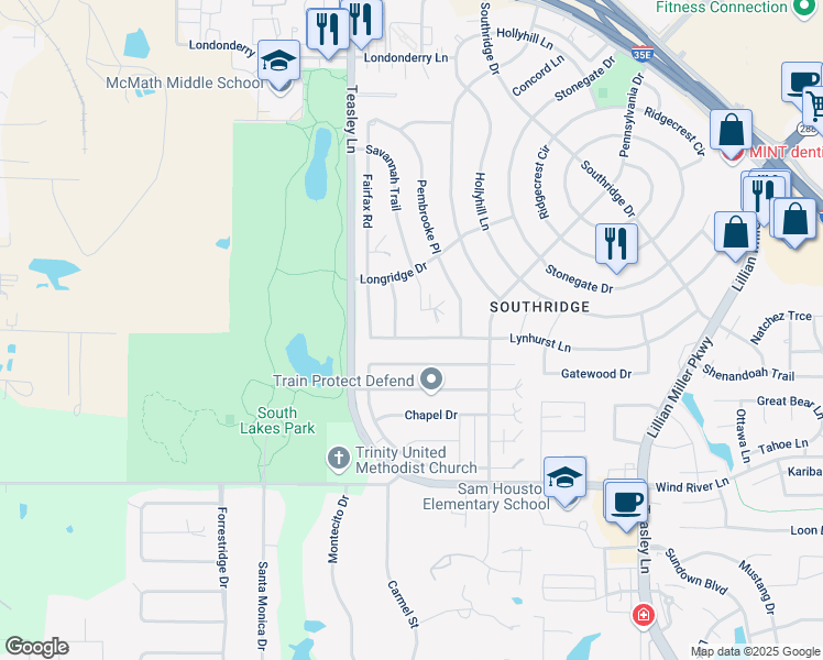 map of restaurants, bars, coffee shops, grocery stores, and more near 2224 Savannah Trail in Denton