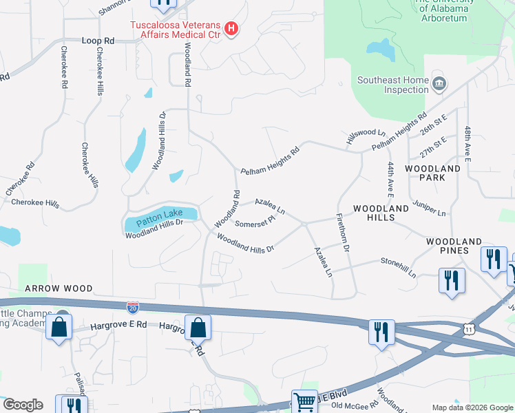 map of restaurants, bars, coffee shops, grocery stores, and more near 2937 Azalea Ln in Tuscaloosa