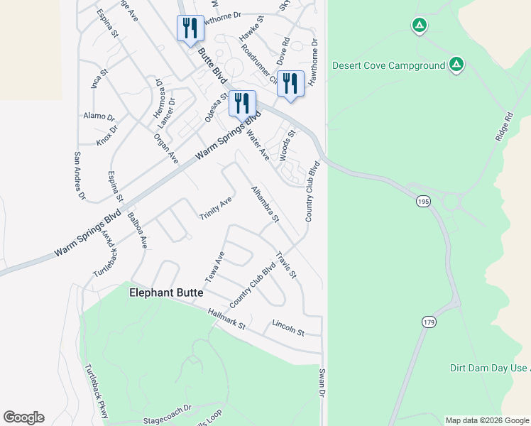 map of restaurants, bars, coffee shops, grocery stores, and more near 202 Alhambra Street in Elephant Butte