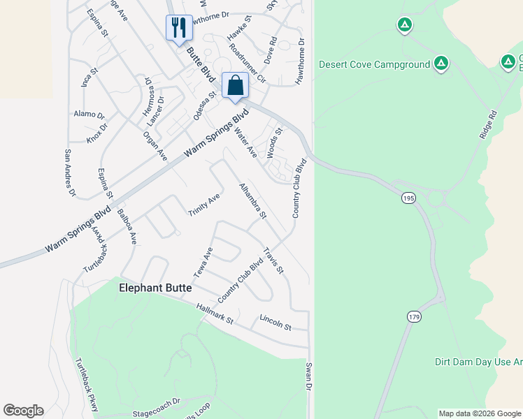 map of restaurants, bars, coffee shops, grocery stores, and more near 101-213 Alhambra Street in Elephant Butte