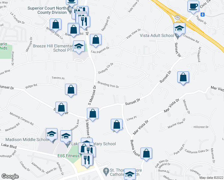 map of restaurants, bars, coffee shops, grocery stores, and more near 1160 Branding Iron Drive in Vista