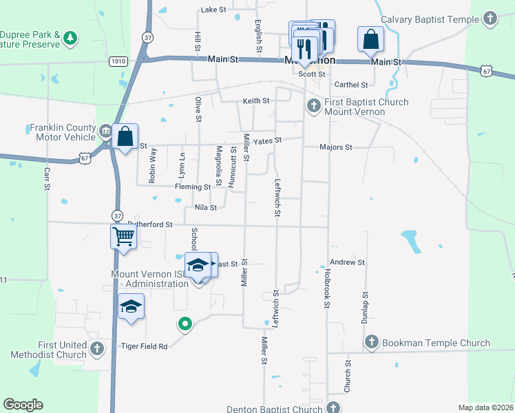 map of restaurants, bars, coffee shops, grocery stores, and more near 105 Pecan Ridge in Mount Vernon