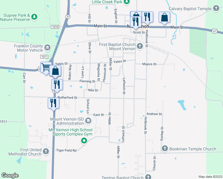 map of restaurants, bars, coffee shops, grocery stores, and more near 105 Pecan Ridge in Mount Vernon