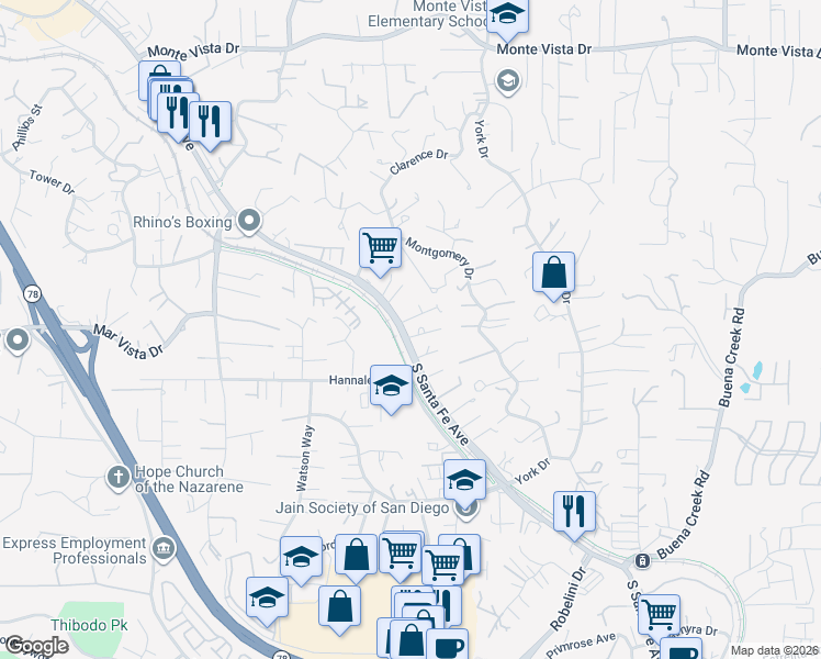 map of restaurants, bars, coffee shops, grocery stores, and more near 1555-57 Sunbury Court in Vista