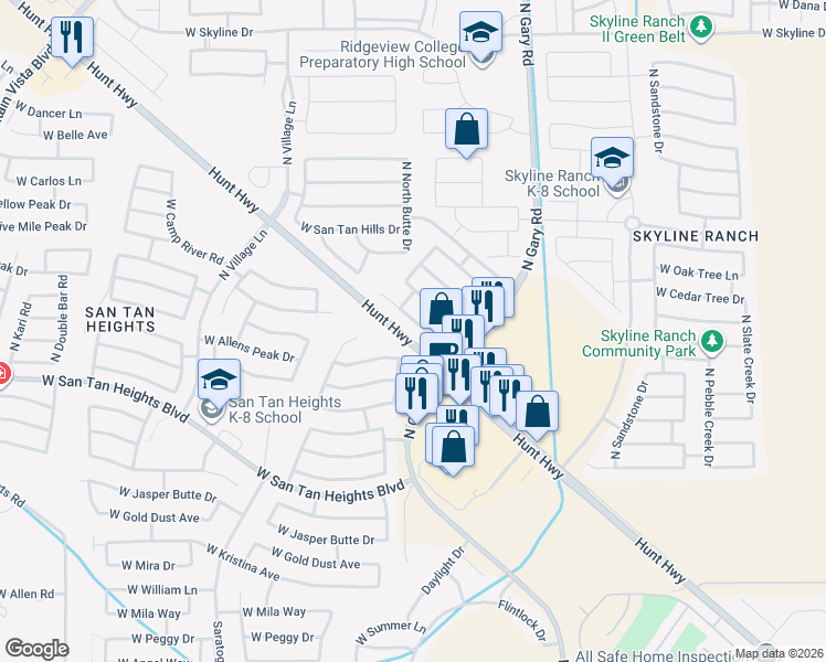 map of restaurants, bars, coffee shops, grocery stores, and more near 1799 West Desert Seasons Drive in Queen Creek