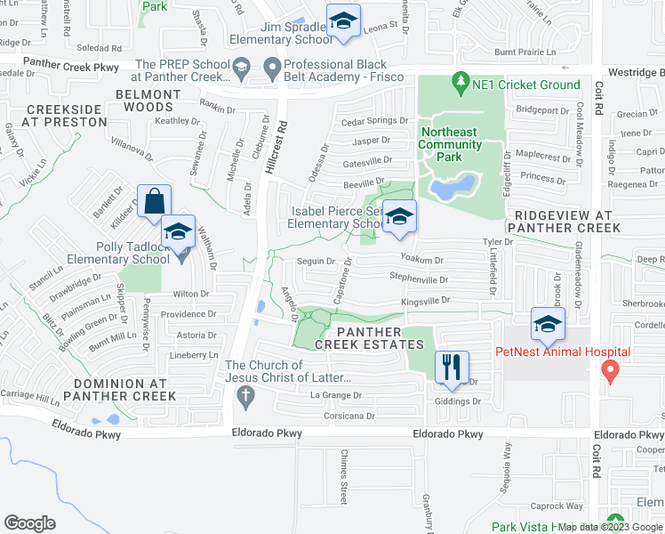 map of restaurants, bars, coffee shops, grocery stores, and more near 11343 Seguin Drive in Frisco