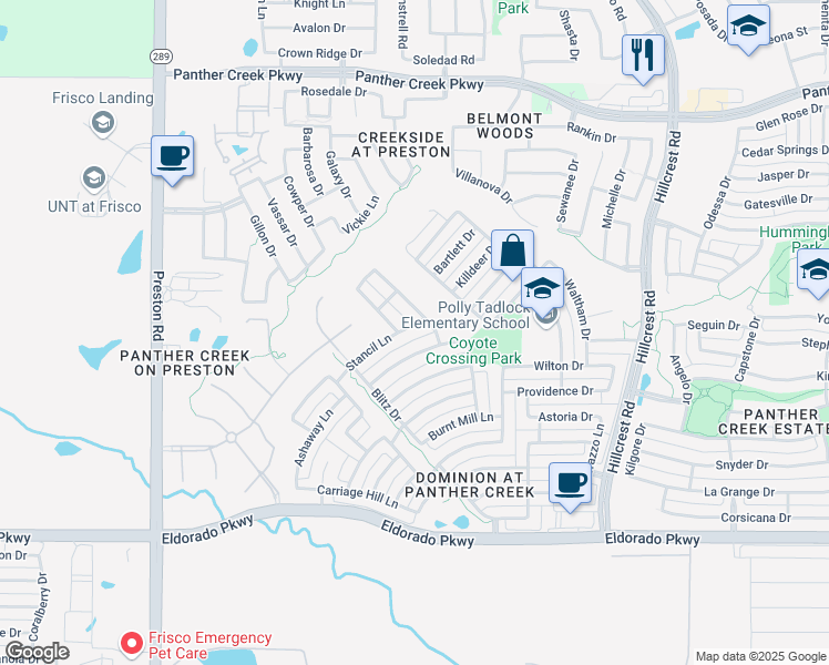 map of restaurants, bars, coffee shops, grocery stores, and more near 10111 Stancil Lane in Frisco