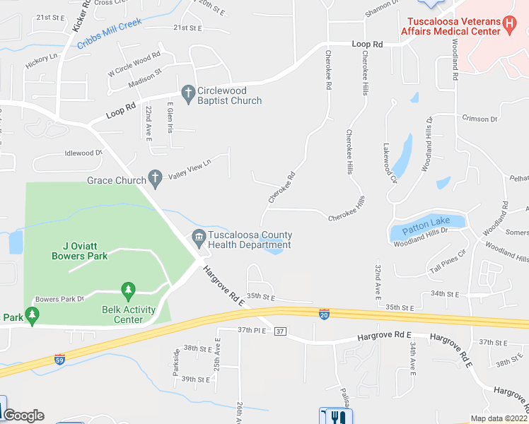 map of restaurants, bars, coffee shops, grocery stores, and more near 574 30th Avenue East in Tuscaloosa