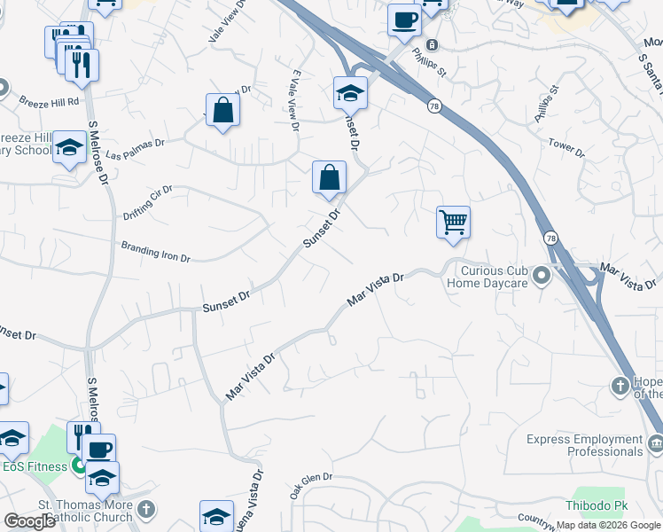 map of restaurants, bars, coffee shops, grocery stores, and more near 1030 Via Carina in Vista