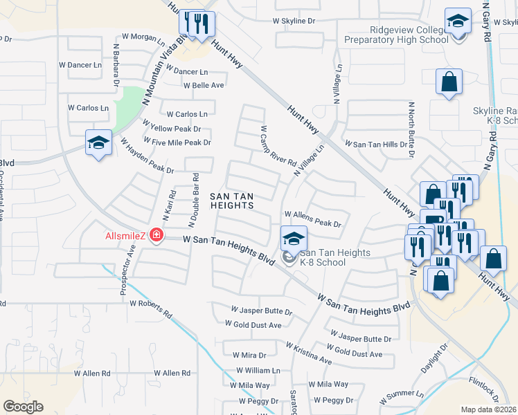 map of restaurants, bars, coffee shops, grocery stores, and more near 2772 West Tanner Ranch Road in Queen Creek
