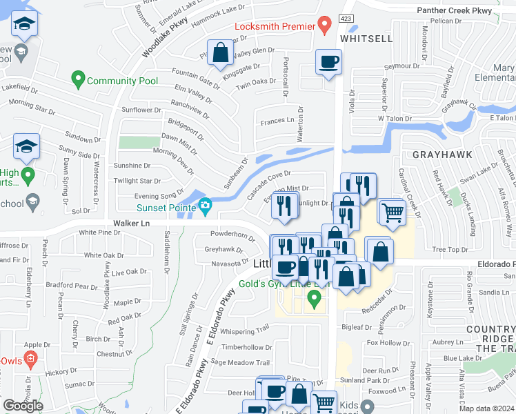 map of restaurants, bars, coffee shops, grocery stores, and more near 2709 Evening Mist Drive in Little Elm