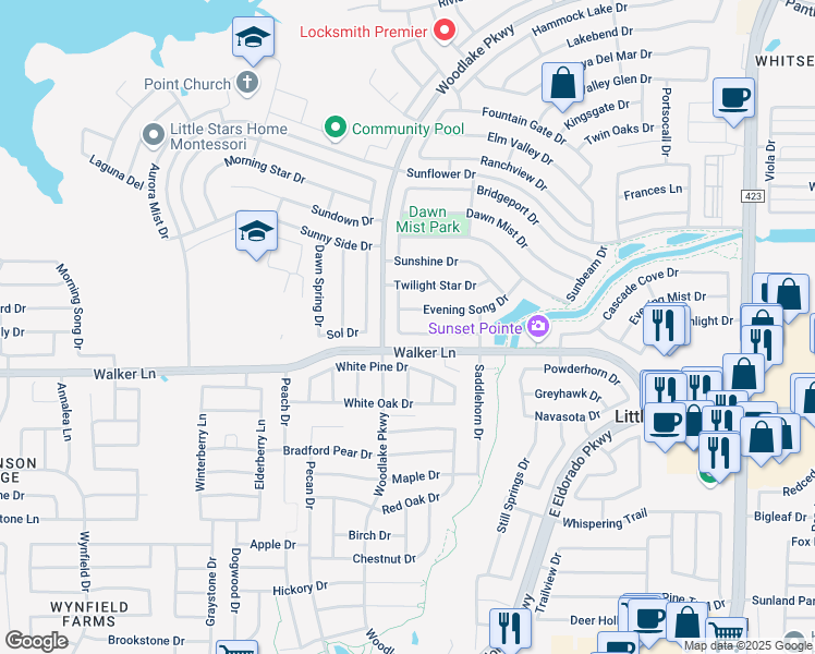 map of restaurants, bars, coffee shops, grocery stores, and more near 2316 Evening Song Drive in Little Elm