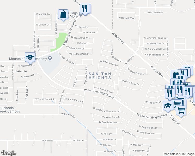 map of restaurants, bars, coffee shops, grocery stores, and more near 2963 West Tanner Ranch Road in Queen Creek
