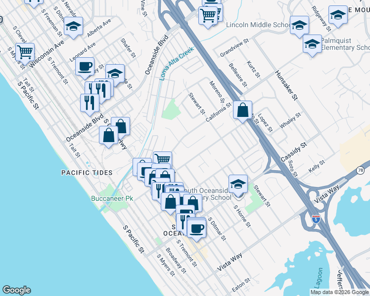 map of restaurants, bars, coffee shops, grocery stores, and more near 1530 Lucky Street in Oceanside