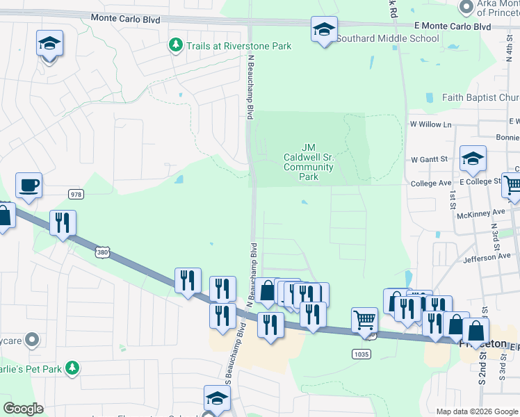 map of restaurants, bars, coffee shops, grocery stores, and more near 765 Cedar Cove Drive in Princeton